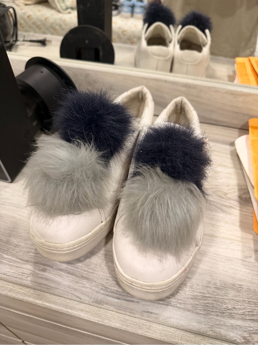 Sam Edelman White Slip-On Sneakers with Navy and Gray Pom-Poms
